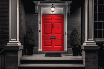 Flat red house entrance door in monochrome style. Generative AI