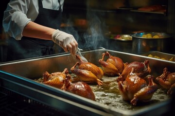Confit de Canard being prepared in a professional kitchen environment