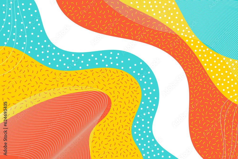 Poster abstract dynamic color background of with memphis dots and curved lines design