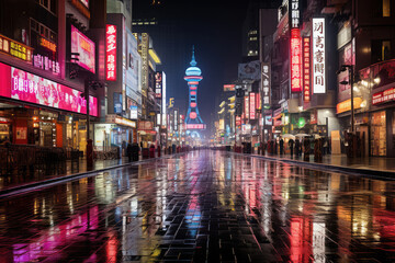 An artistic representation of a city's rainy night, with streaks of neon lights illuminating the streets and creating a symphony of colors, evoking a sense of urban vibrancy and visual harmony