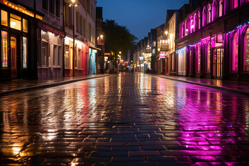 A wanderlust-inducing depiction of a city's rain-soaked streets at night, with neon lights guiding the way, inviting viewers to embark on an adventurous exploration of the urban landscape