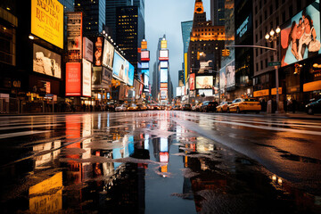 A dramatic portrayal of a bustling metropolis in the rain, with neon lights reflecting on the wet...