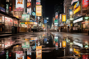 A wanderlust-inducing depiction of a city's rain-soaked streets at night, with neon lights guiding the way, inviting viewers to embark on an adventurous exploration of the urban landscape