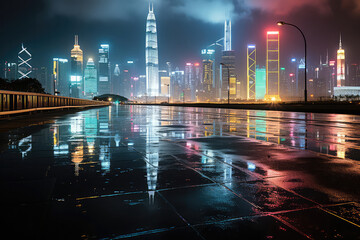 A captivating view of a city's rainy night, with reflections of neon lights shimmering on the wet streets, creating an atmosphere of urban mystique and poetic beauty