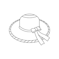 Beach hat with flowers on a ribbon. Beach set for summer trips. Vacation accessories for sea vacations. Line art.