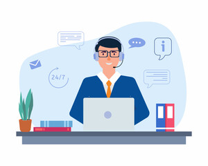 man agent with headphones microphone with Online global technical support 24 7 customer service support or call center concept
