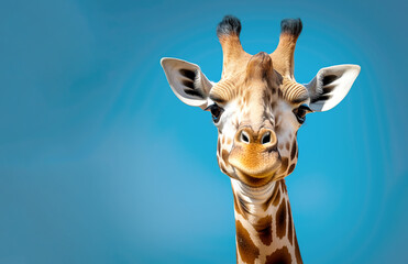Naklejka premium The head of a funny giraffe on a blue background.