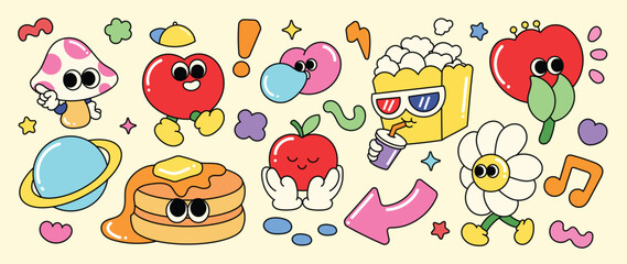 Set of 70s groovy element vector. Collection of cartoon characters, doodle smile face, heart, apple, pancake, popcorn, mushroom, flower, star. Cute retro groovy hippie design for decorative, sticker. 