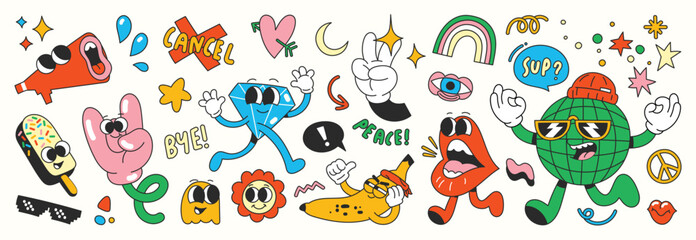Set of 70s groovy element vector. Collection of cartoon characters, doodle smile face, heart, diamond, megaphone, hand, rainbow, star, word. Cute retro groovy hippie design for decorative, sticker.  - obrazy, fototapety, plakaty
