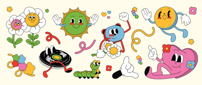Set of 70s groovy element vector. Collection of cartoon characters, doodle smile face, heart, worm, disk, sun, bear, flower, star. Cute retro groovy hippie design for decorative, sticker. 