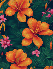 seamless pattern with tropical orange flower background. AI Generated.