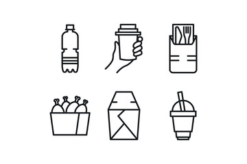 Take away food and drink line icon set. 