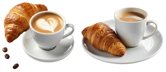 Set of two white cups of coffee with croissants. Coffee white mug on a plate. Coffee beans. Coffee design element for cafe, restaurant and breakfast. Isolated on a transparent background. KI.