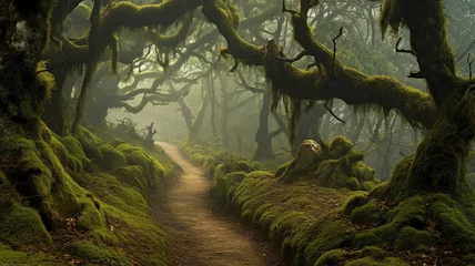Türaufkleber Khaki landscape fog in the old forest huge trees covered with moss mystical view. Generative AI