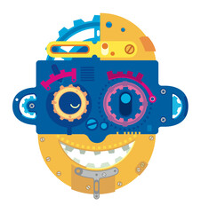 Smiling mechanical face with colorful cog wheels