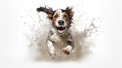 dog shakes off water studio photo white background, happiness joy. Generative AI