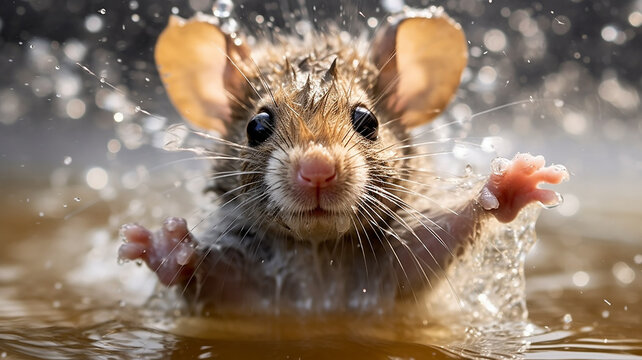 a cheerful little mouse is bathing in a puddle of splashing water. Generative AI