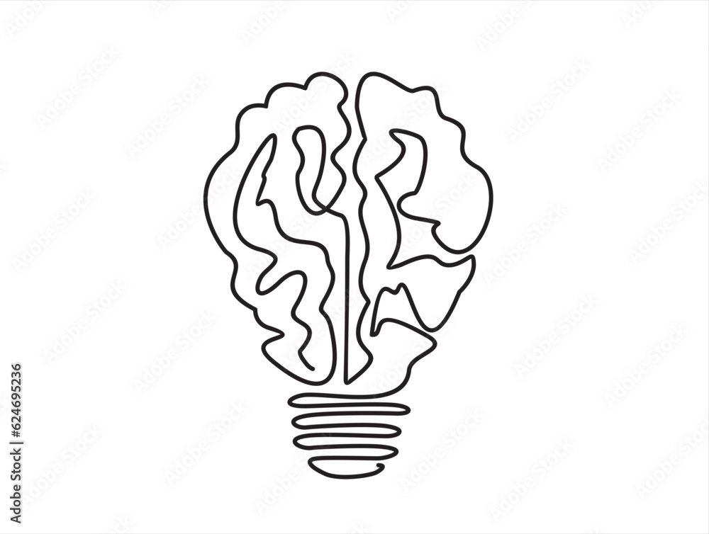 Poster single continuous line drawing of light bulb with human brain. creative brain idea concept with ligh
