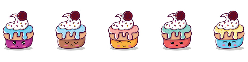 Set of cute pastry characters in trendy Kawaii style.Happy baked foods with doodle stars and hearts. Banner, card, poster design for bakery and cafe