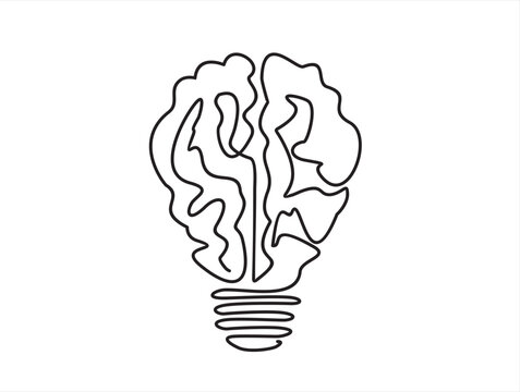 Single continuous line drawing of light bulb with human brain. Creative brain Idea concept with light bulb and brain