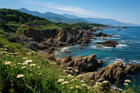 Overlooking the rugged coastal cliffs of California, with dramatic rock formations, crashing waves, and panoramic views that take your breath away
