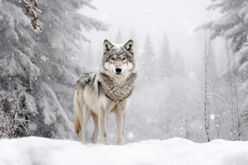 Grey wolf in the cold snowy winter forest. Amazing Wildlife. Generative Ai - obrazy, fototapety, plakaty