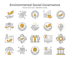 ESG flat icons, such as environment social governance, economy, financial performance, sustainable developmen and more. Editable stroke.
