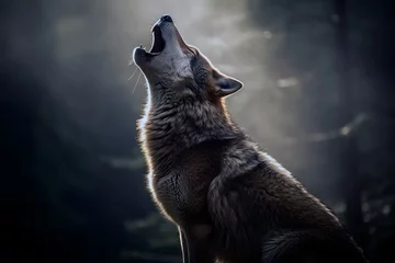 Foto op Canvas Wild Wolf howling in the forest at night. Amazing Wildlife. Generative Ai © Shootdiem