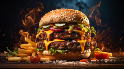 Mouthwatering double decker burger with all the classic fixings, including lettuce, tomato, cheese, and condiments. The burger is perfectly flame-grilled, giving it a sizzling and juicy texture. - Powered by Adobe
