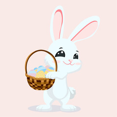 vector festive Easter bunny with a basket of eggs on a pink background