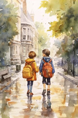 Obraz premium Children are walking to school. View from the back. Back to school concept.