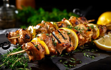 A delicious chicken souvlaki with parsley and lime wedges on a dark wooden table. Chicken souvlaki...