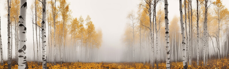 autumn birch forest fog landscape panorama October. generative  ai - obrazy, fototapety, plakaty