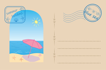 Naklejka premium vector postcard with post stamp - sea beach and parasol