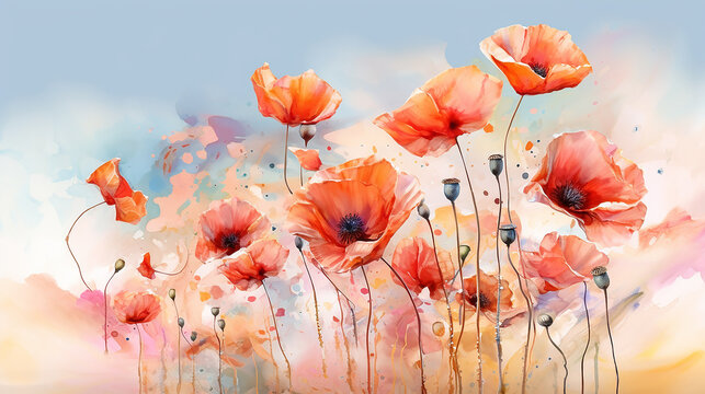 red poppies watercolor delicate drawing of wild flowers in a field on a white background. generative ai