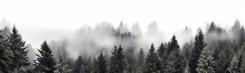 coniferous forest isolated on a white background panorama, tops of fir trees. Generative AI