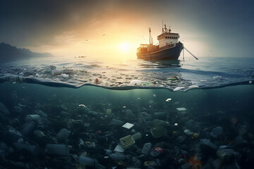 plastic pollution of the ocean underwater photo. generative AI
