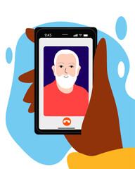 Family online video call by smartphone. Grandfather say hi virtually in mobile video call app. Flat cartoon illustration. Stay in touch with your loved ones.