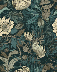 Seamless pattern with beautiful flowers in neutral pastel colors, generative ai