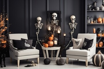 White toned living room interior with Halloween decorations. Background for Halloween.