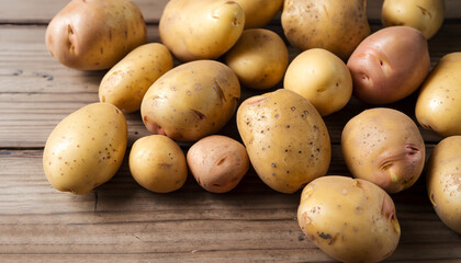 fresh potatoes on wooden table