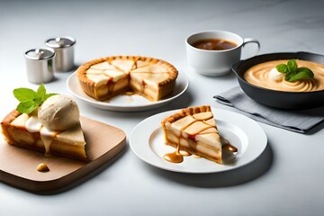  a classic and comforting apple pie meal concept, featuring a warm slice of apple pie served with a scoop of vanilla ice cream and a drizzle of caramel sauce | Generative AI