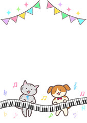 ピアノを弾く犬と猫（ガーランド付き）