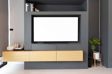 Stylish room interior with modern TV mockup,  decor