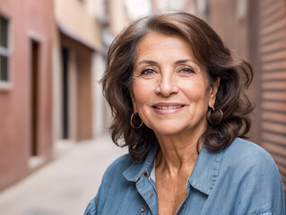portrait of happy beautiful retired portuguese woman with dental smile, modern, looking at camera, headshot portrait. - obrazy, fototapety, plakaty