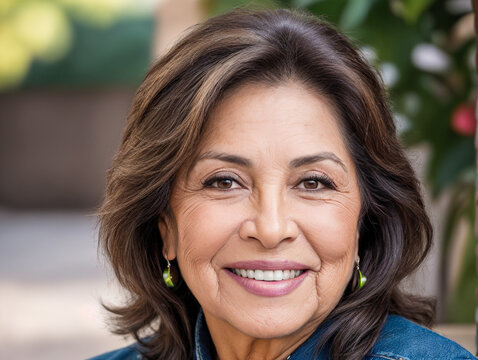 portrait of happy beautiful retired mexican woman with dental smile, stylish and elagant, looking at camera, headshot portrait.