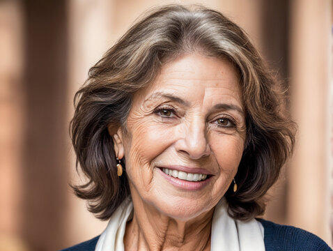 portrait of happy beautiful retired spanish woman with dental smile, stylish, looking at camera, headshot portrait.
