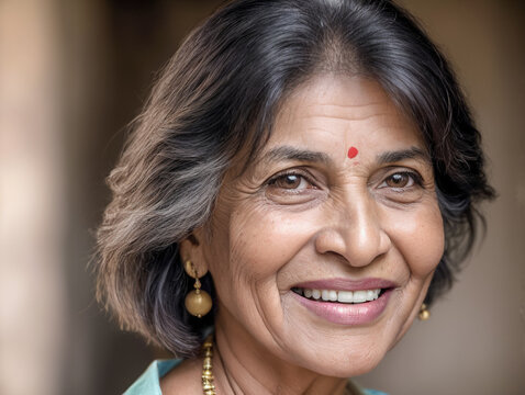 portrait of happy beautiful retired indian telugu woman with dental smile, looking at camera, headshot portrait.