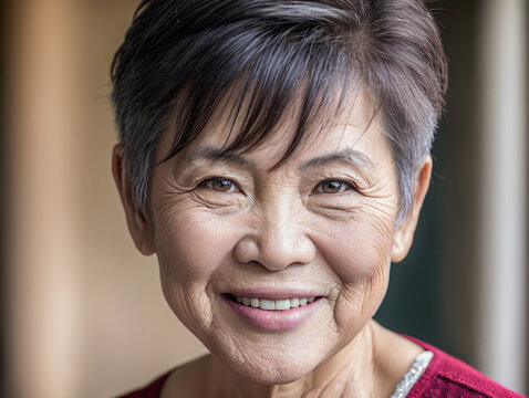 portrait of happy beautiful retired vietnamese woman with dental smile, looking at camera, headshot portrait.