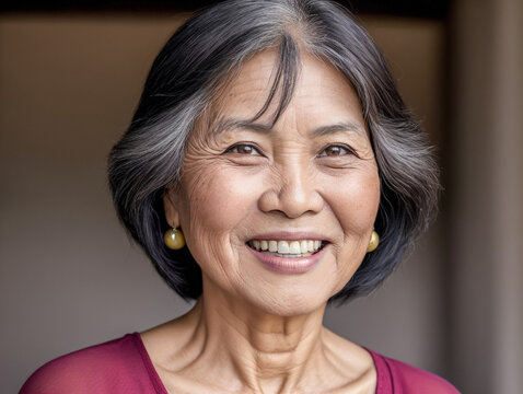 portrait of happy beautiful retired burmese woman with dental smile, looking at camera, headshot portrait.